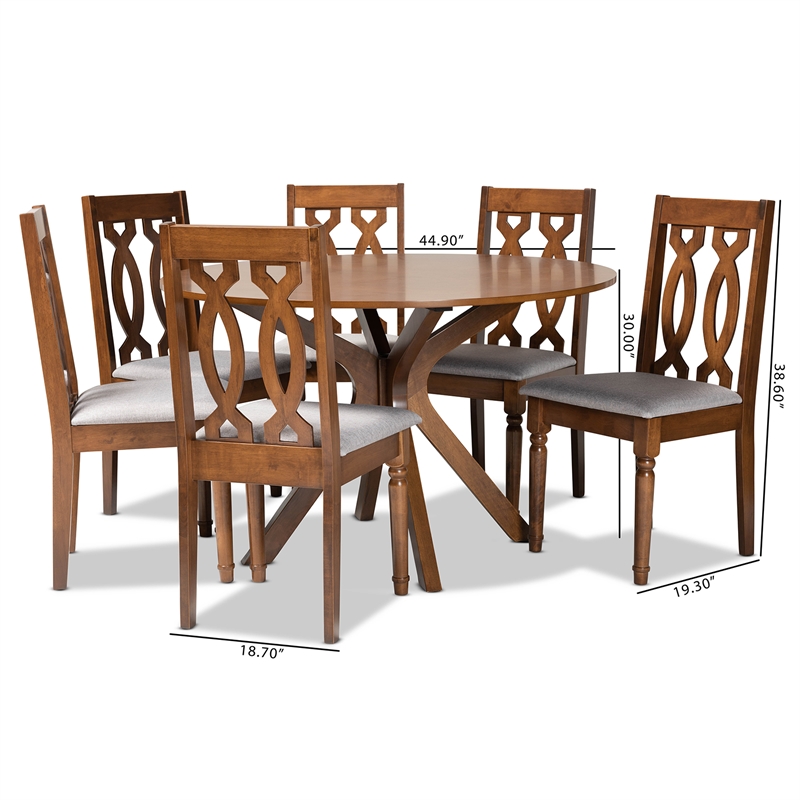 Pemberly Row 7-Piece Dining Set in Grey Fabric and Walnut Brown Wood