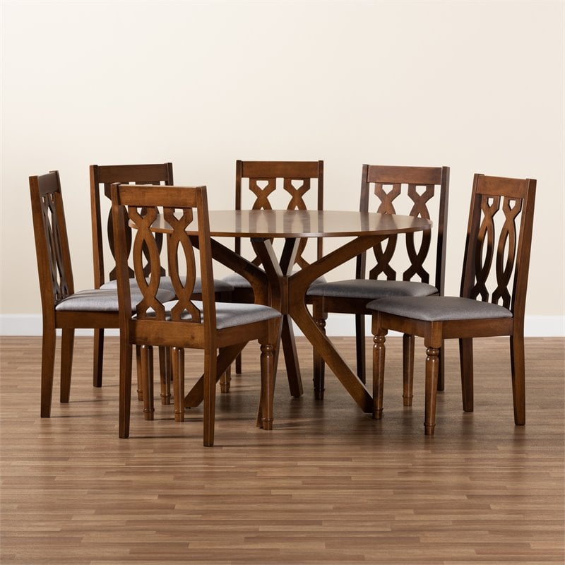 Pemberly Row 7-Piece Dining Set in Grey Fabric and Walnut Brown Wood