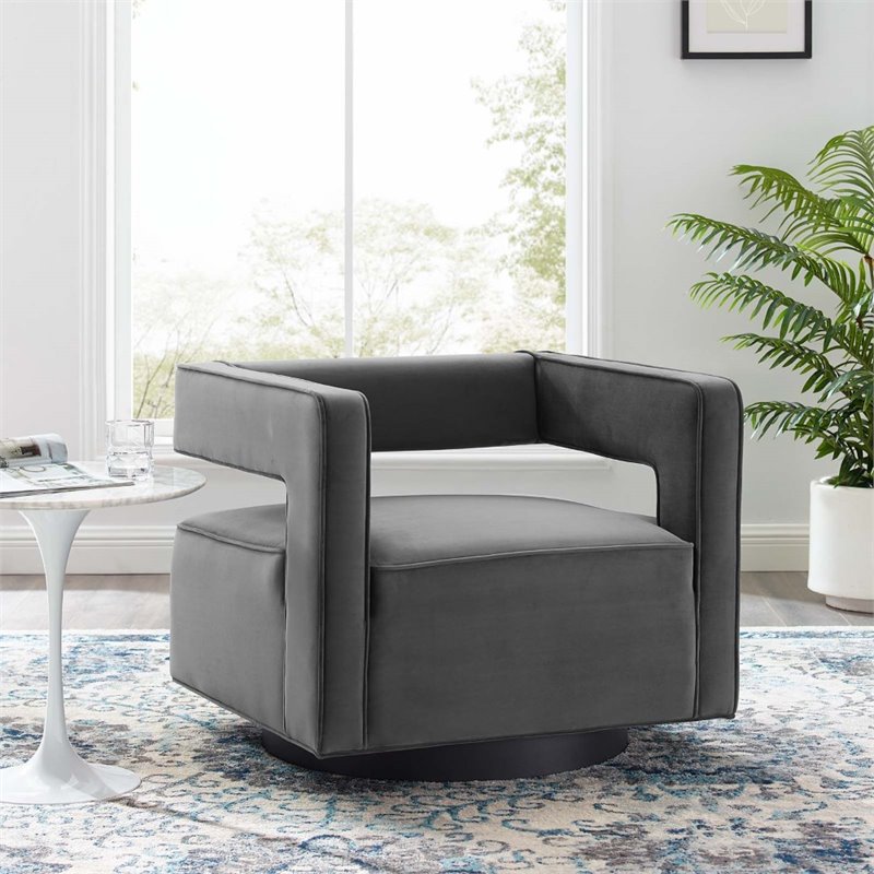 Pemberly Row Modern Performance Velvet Swivel Armchair in Gray