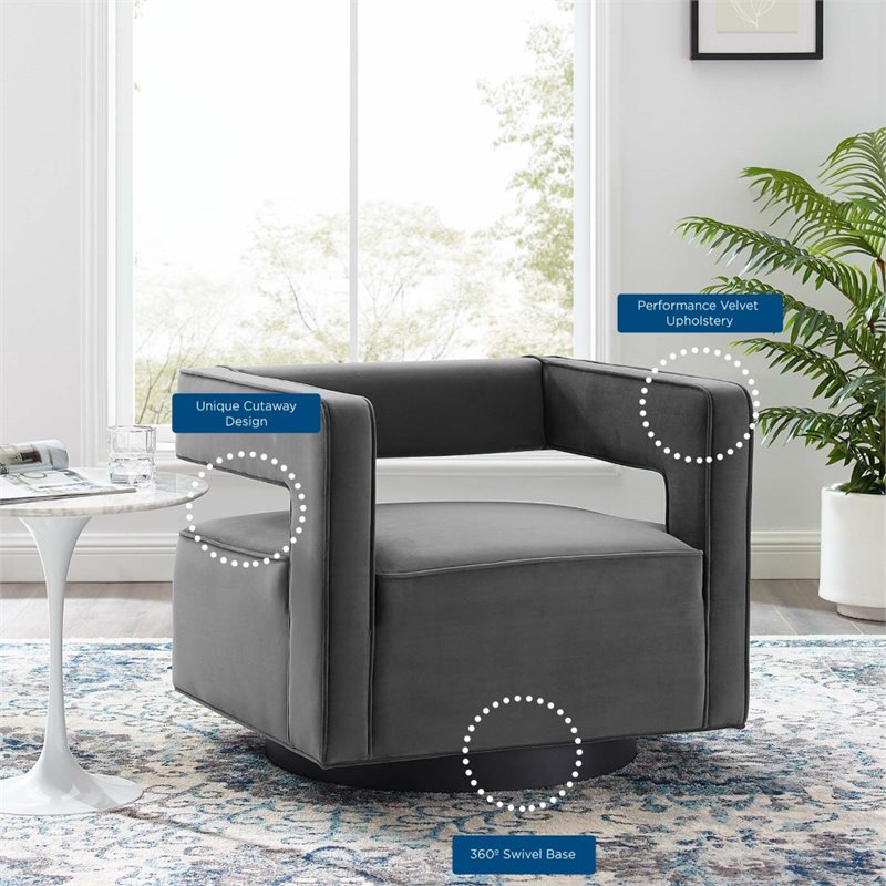 Pemberly Row Modern Performance Velvet Swivel Armchair in Gray