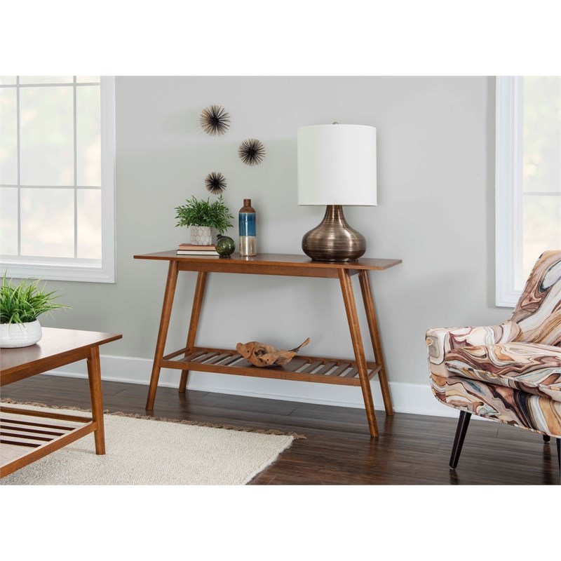 Pemberly Row Console Table with Slatted Bottom Shelf in Walnut Wood