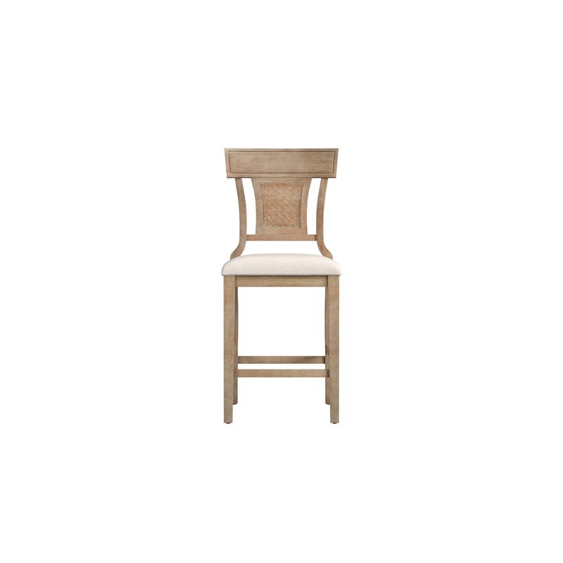 Pemberly Row Upholstered Counter Stool with Rattan Back in Grey Wash