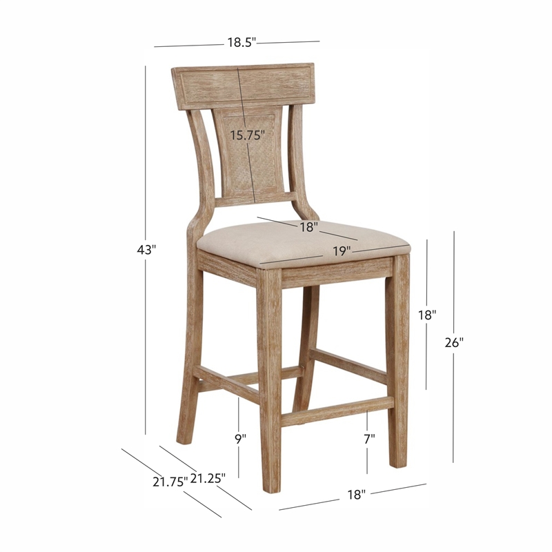 Pemberly Row Upholstered Counter Stool with Rattan Back in Grey Wash