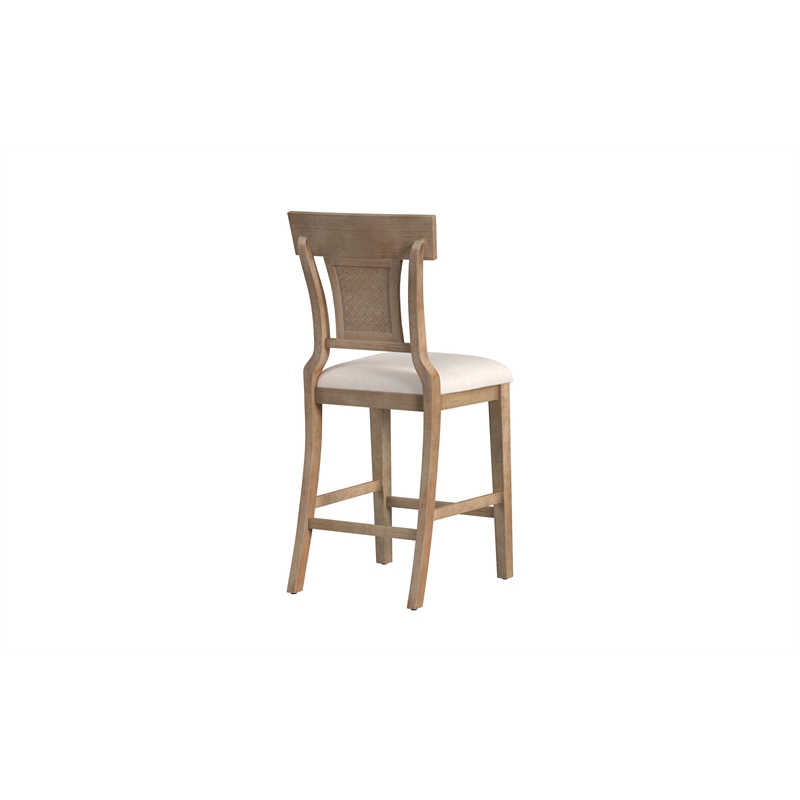 Pemberly Row Upholstered Counter Stool with Rattan Back in Grey Wash
