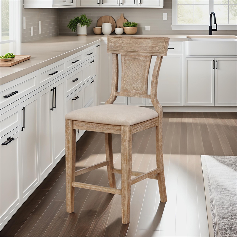 Pemberly Row Upholstered Counter Stool with Rattan Back in Grey Wash
