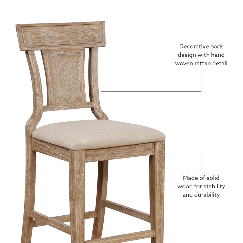 Pemberly Row Upholstered Counter Stool with Rattan Back in Grey Wash
