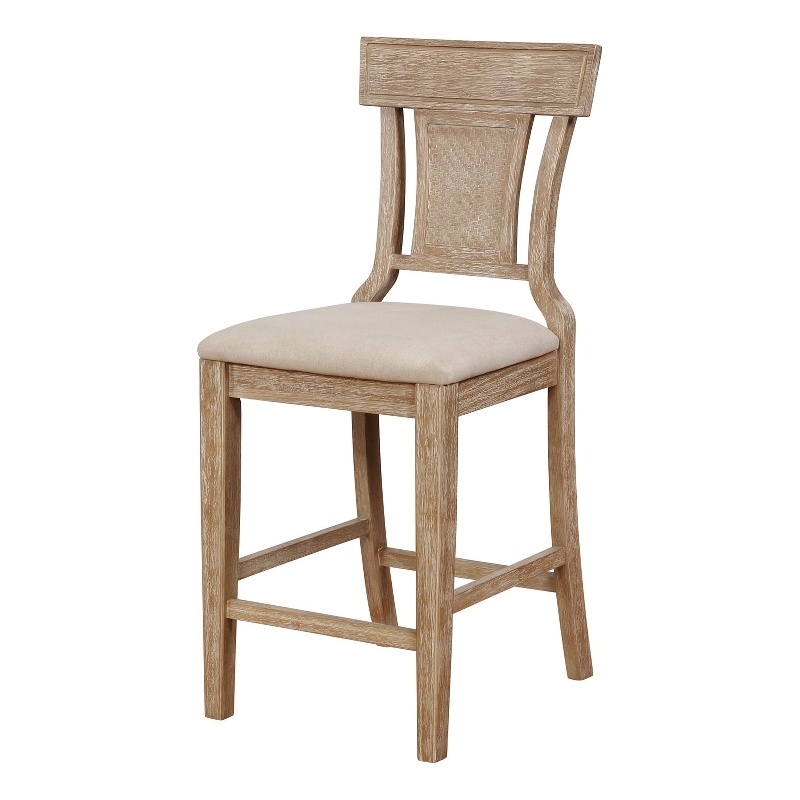 Pemberly Row Upholstered Counter Stool with Rattan Back in Grey Wash