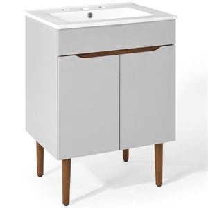Pemberly Row Gray and White Mid-Century Wood Bathroom Vanity with Shelf