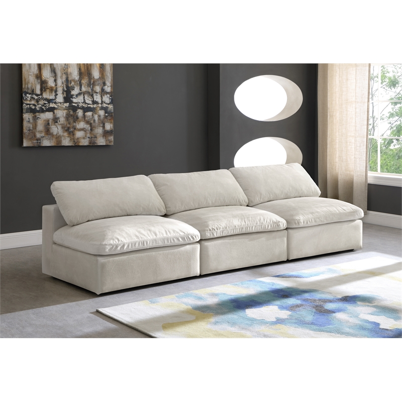 Pemberly Row Cream Velvet Modular 3-Piece Armless Sofa with Fiber Cushions