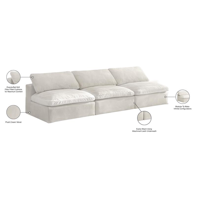 Pemberly Row Cream Velvet Modular 3-Piece Armless Sofa with Fiber Cushions