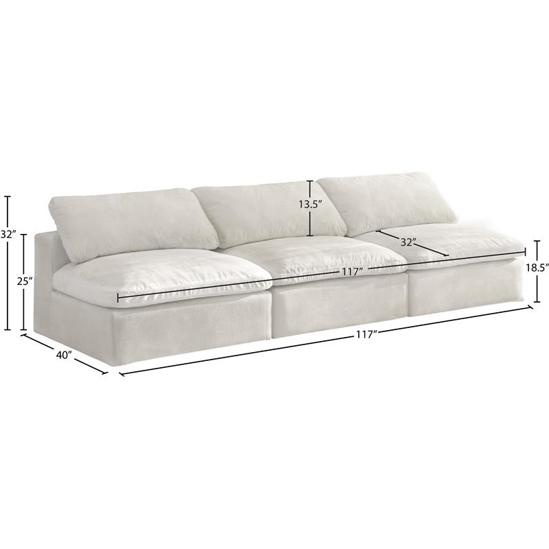 Pemberly Row Cream Velvet Modular 3-Piece Armless Sofa with Fiber Cushions