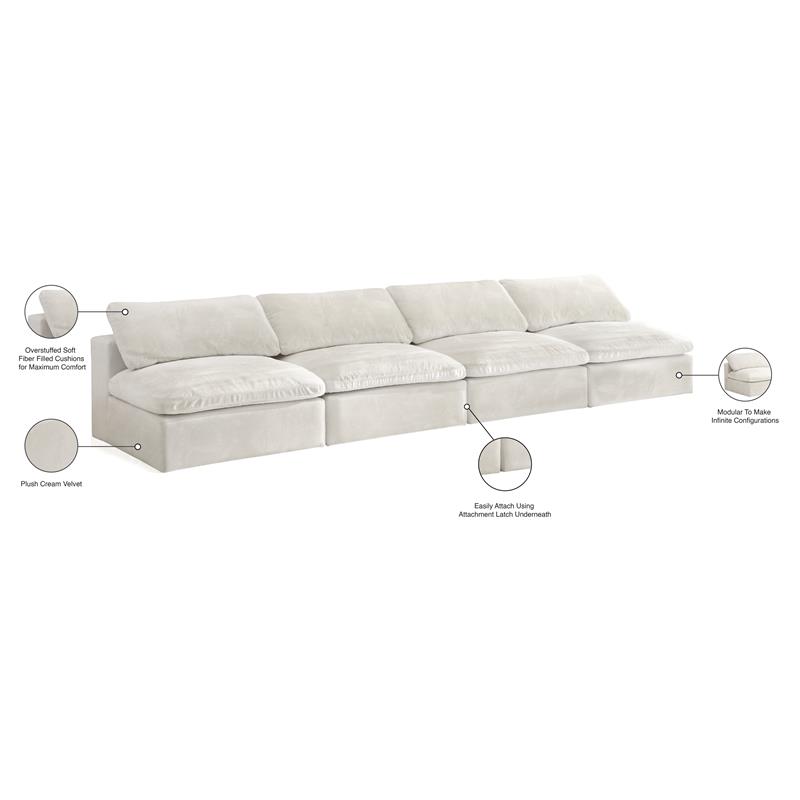 Pemberly Row Cream Velvet Modular 4-Piece Armless Sofa with Fiber Cushions