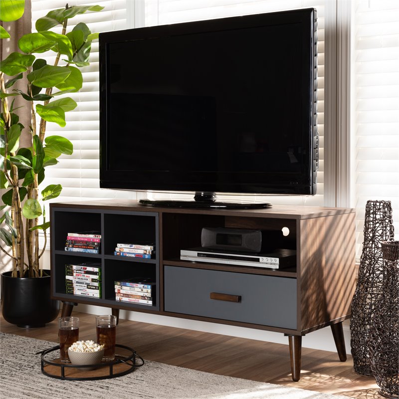 Pemberly Row Walnut/Grey Wood 1-Drawer TV Stand with Storage