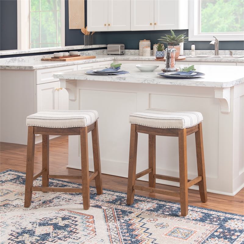Pemberly Row Backless Counter Stool with Striped Padded Linen Seat in Brown