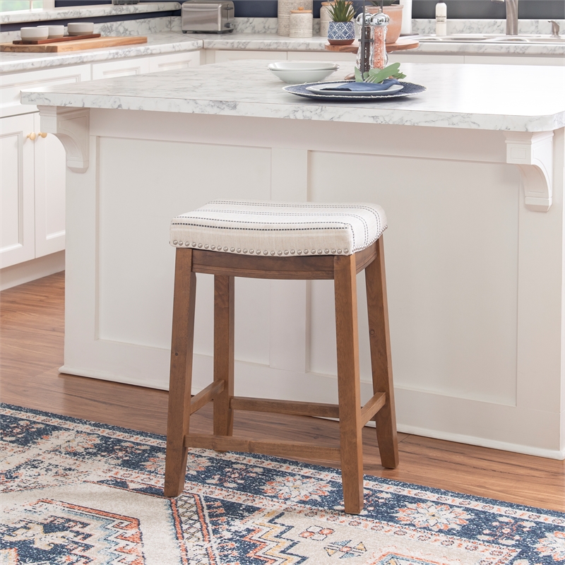 Pemberly Row Backless Counter Stool with Striped Padded Linen Seat in Brown