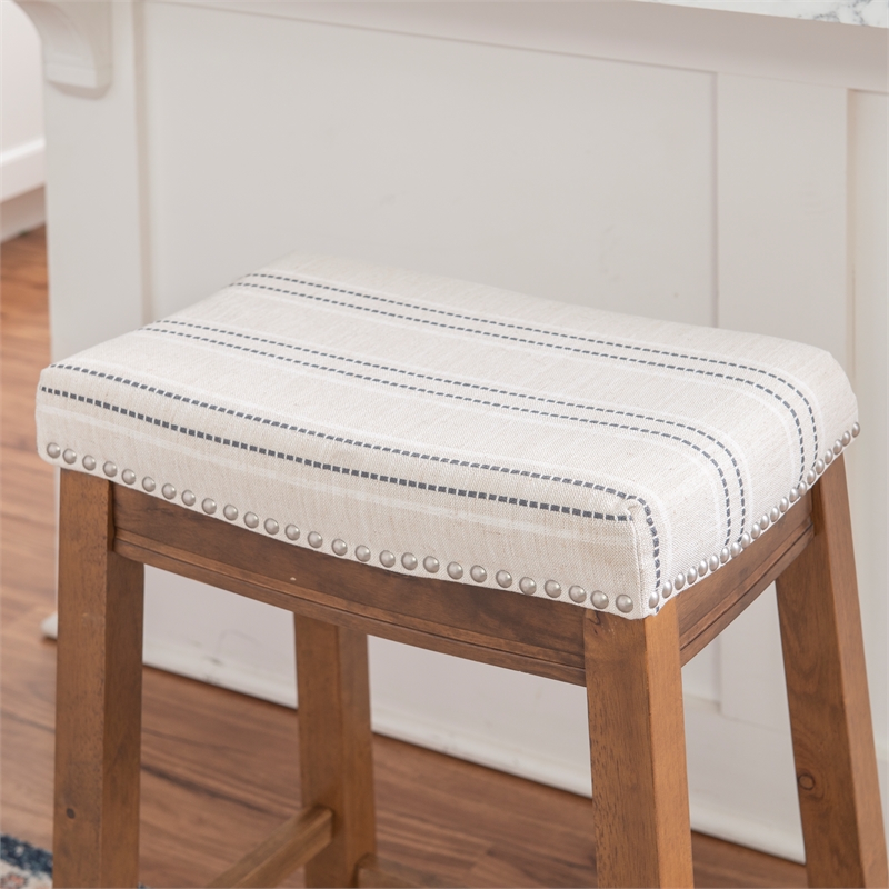 Pemberly Row Backless Counter Stool with Striped Padded Linen Seat in Brown