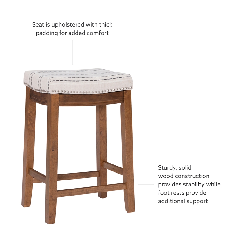 Pemberly Row Backless Counter Stool with Striped Padded Linen Seat in Brown