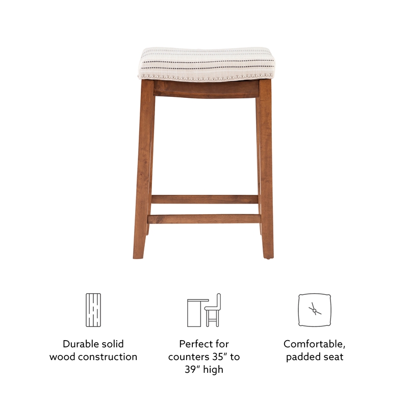 Pemberly Row Backless Counter Stool with Striped Padded Linen Seat in Brown