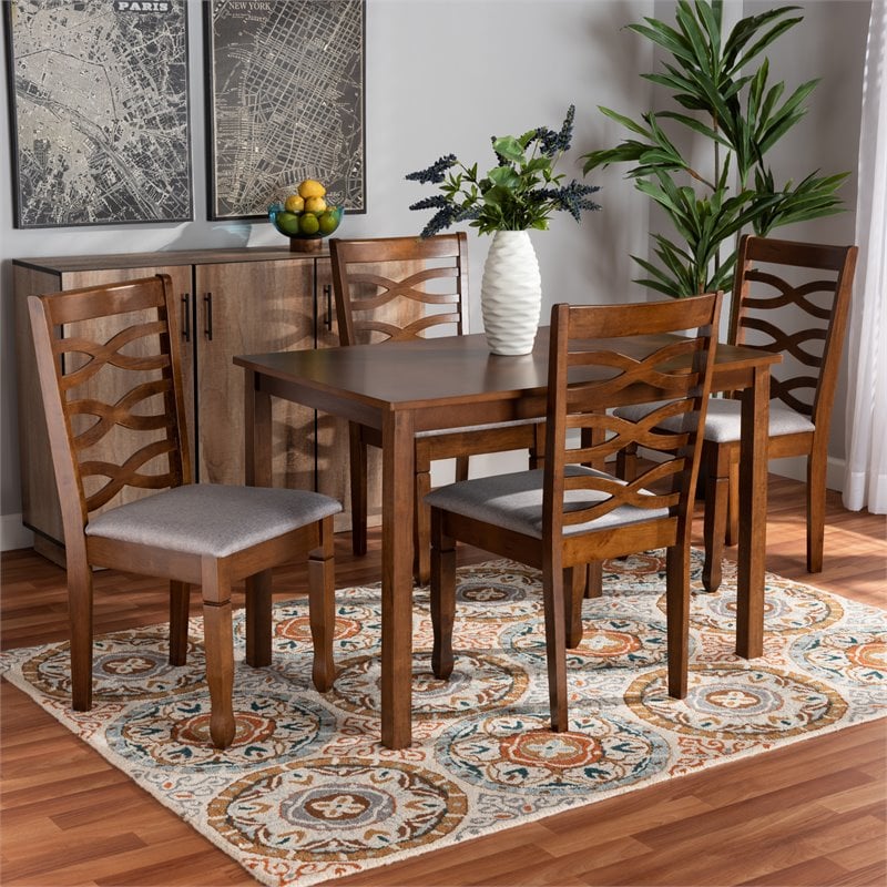 Pemberly Row 5-Piece Dining Set with Grey Fabric & Walnut Brown Wood