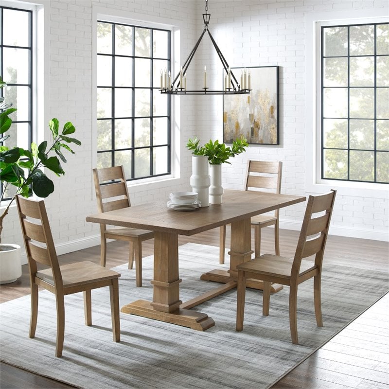 Pemberly Row 5-Piece Dining Set with Trestle Table in Rustic Brown Finish