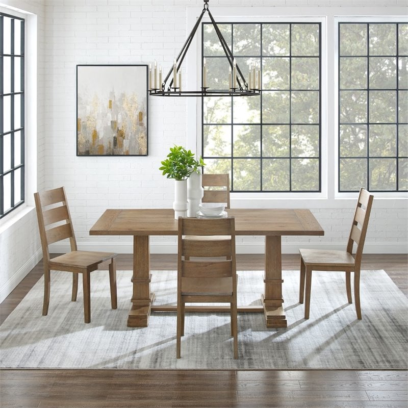 Pemberly Row 5-Piece Dining Set with Trestle Table in Rustic Brown Finish