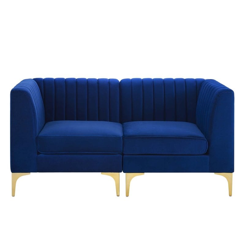 Pemberly Row Channel Tufted Velvet Loveseat in Navy with Gold Metal Legs