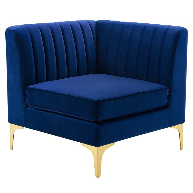 Pemberly Row Channel Tufted Velvet Loveseat in Navy with Gold Metal Legs