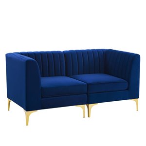Pemberly Row Channel Tufted Velvet Loveseat in Navy with Gold Metal Legs