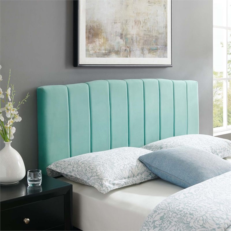 Pemberly Row Channel Tufted Velvet King Headboard in Mint with Adjustable Height