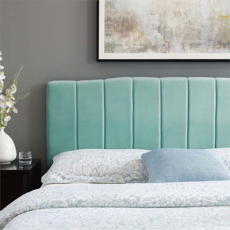 Pemberly Row Channel Tufted Velvet King Headboard in Mint with Adjustable Height