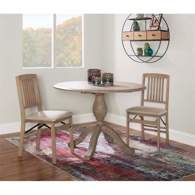 Pemberly Row Round Drop Leaf Pedestal Dining Table in Grey Wash