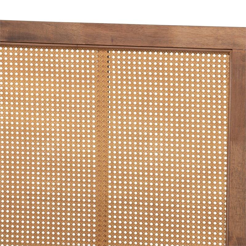 Pemberly Row Walnut King Canopy Bed with Woven Rattan Headboard