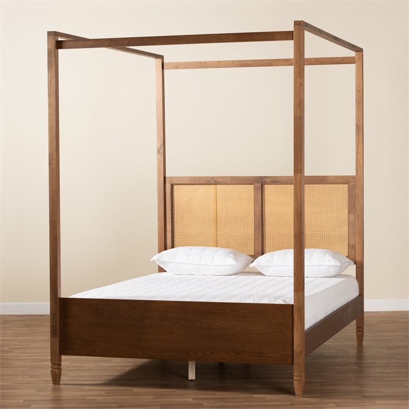 Pemberly Row Walnut King Canopy Bed with Woven Rattan Headboard