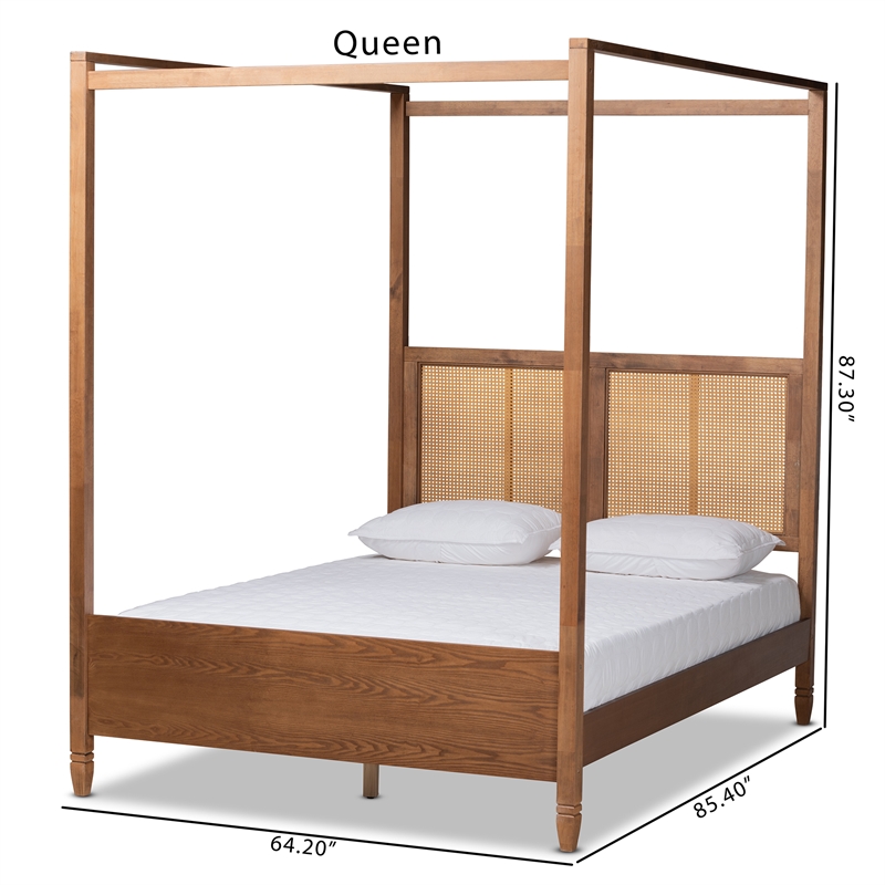 Pemberly Row Walnut King Canopy Bed with Woven Rattan Headboard