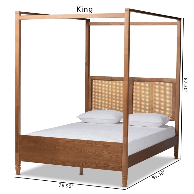 Pemberly Row Walnut King Canopy Bed with Woven Rattan Headboard
