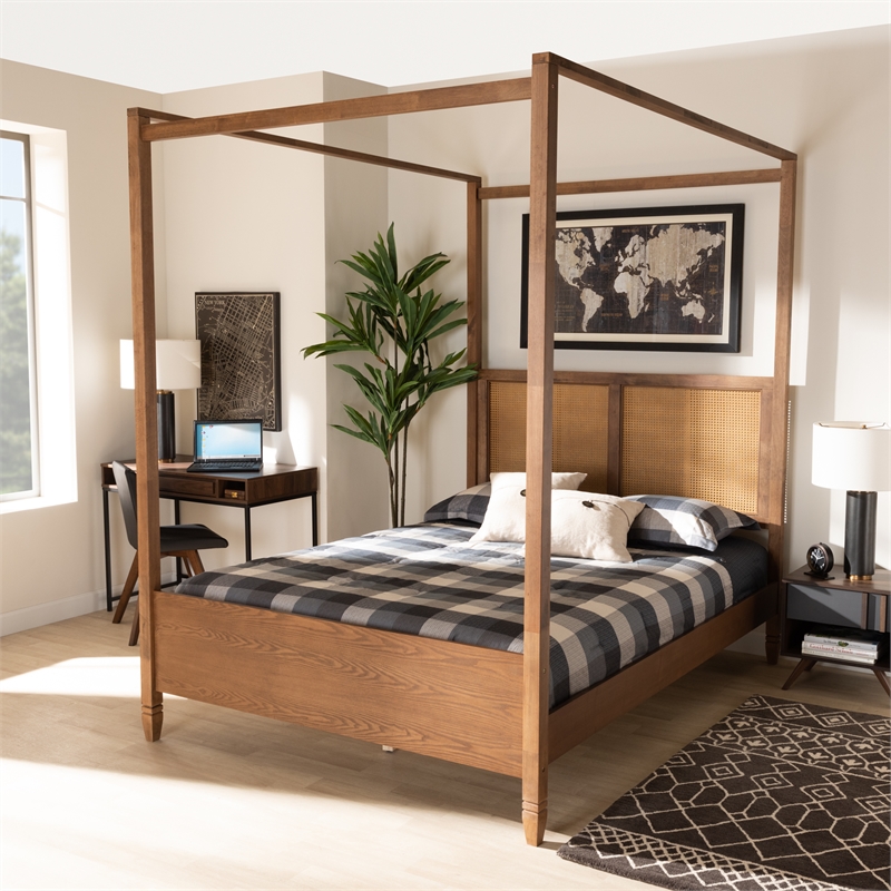 Pemberly Row Walnut King Canopy Bed with Woven Rattan Headboard