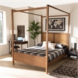 Pemberly Row Walnut King Canopy Bed with Woven Rattan Headboard