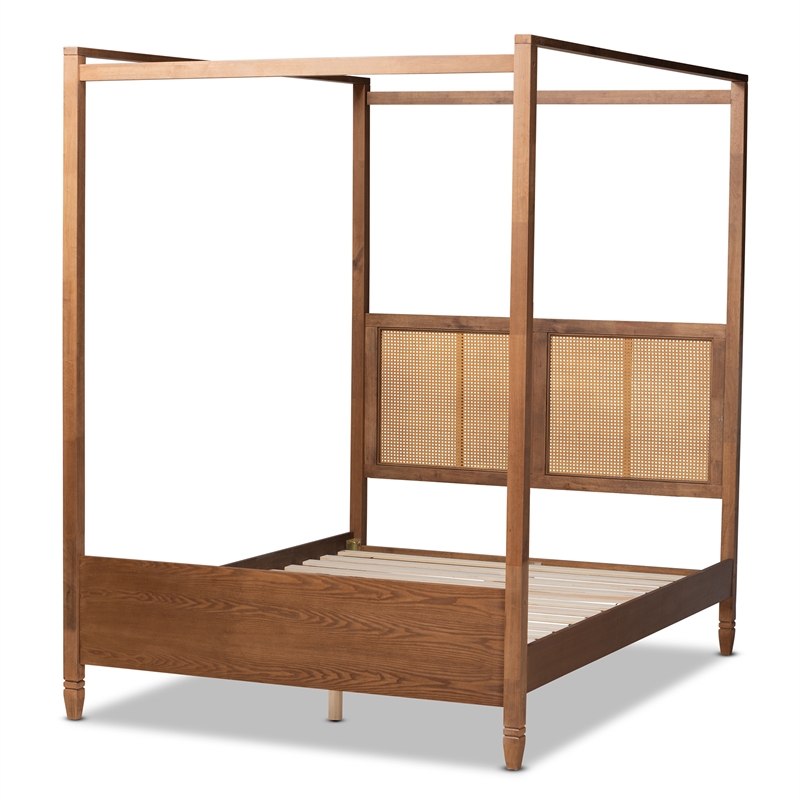 Pemberly Row Walnut King Canopy Bed with Woven Rattan Headboard