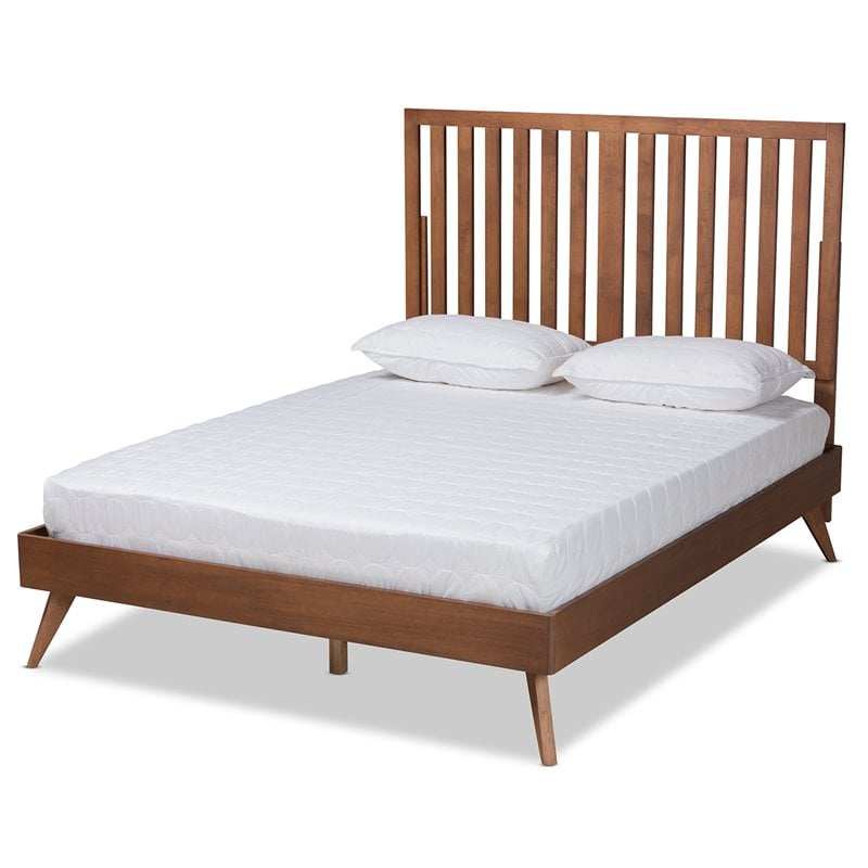 Pemberly Row Walnut Queen Size Platform Bed with Slatted Headboard