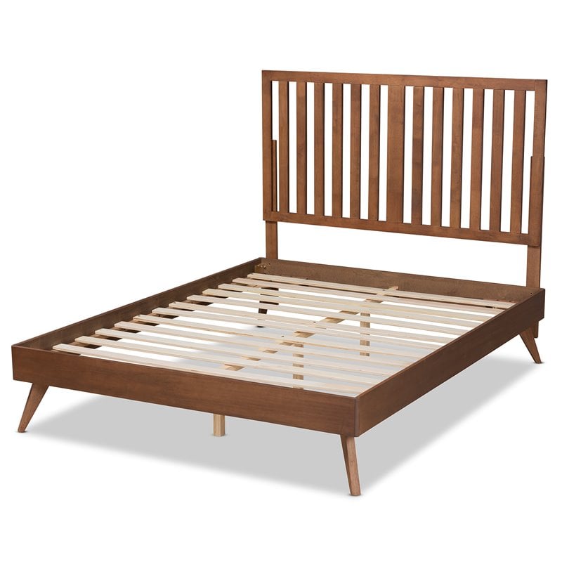 Pemberly Row Walnut Queen Size Platform Bed with Slatted Headboard