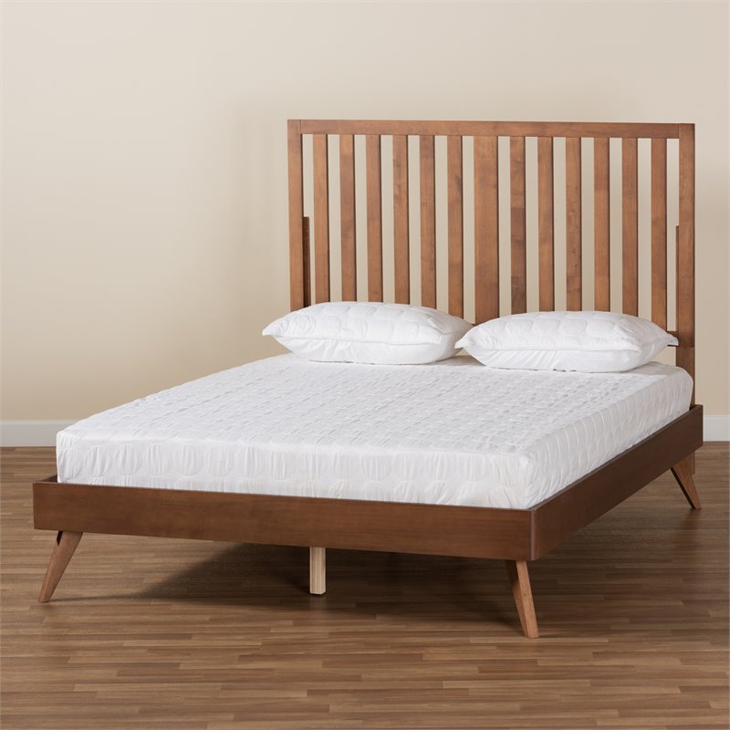 Pemberly Row Walnut Queen Size Platform Bed with Slatted Headboard