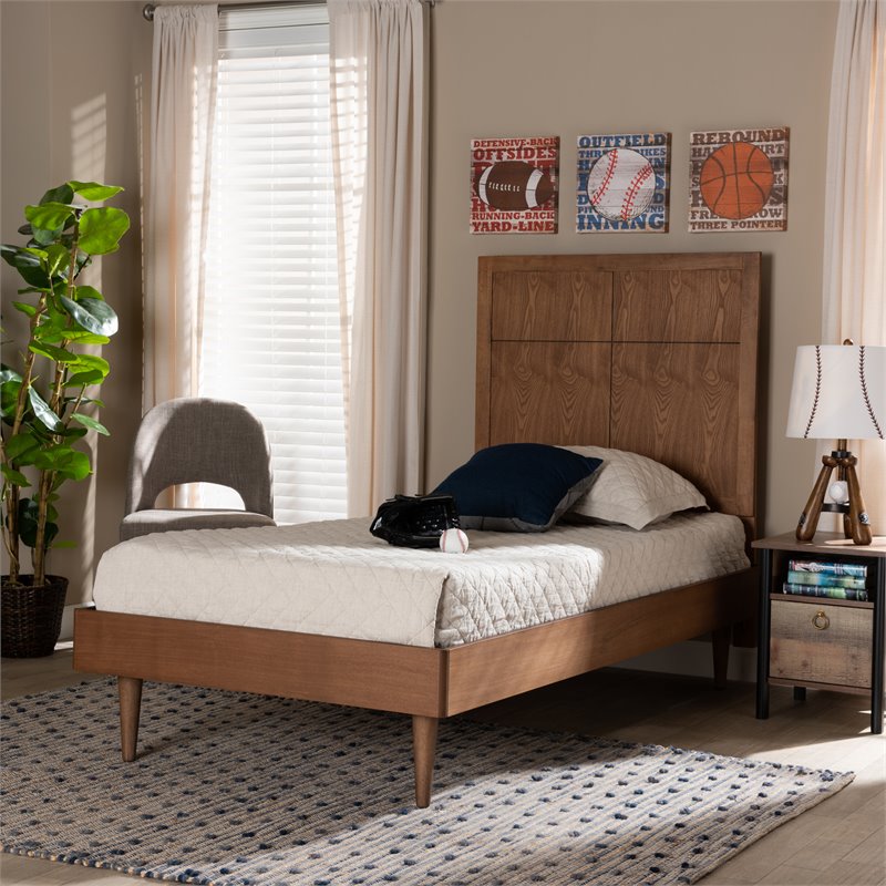 Pemberly Row Walnut Twin Size Platform Bed with Inset Headboard