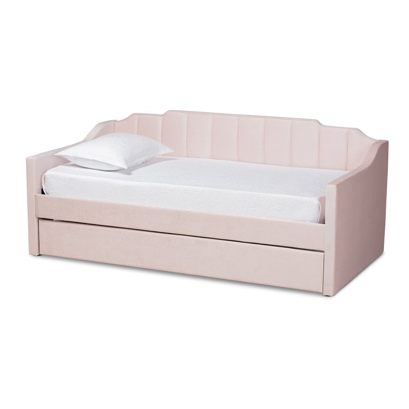 Pemberly Row Pink Velvet Twin Daybed with Trundle & Tufted Design