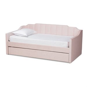 Pemberly Row Pink Velvet Twin Daybed with Trundle & Tufted Design