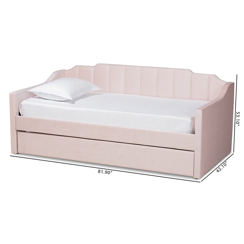 Pemberly Row Pink Velvet Twin Daybed with Trundle & Tufted Design