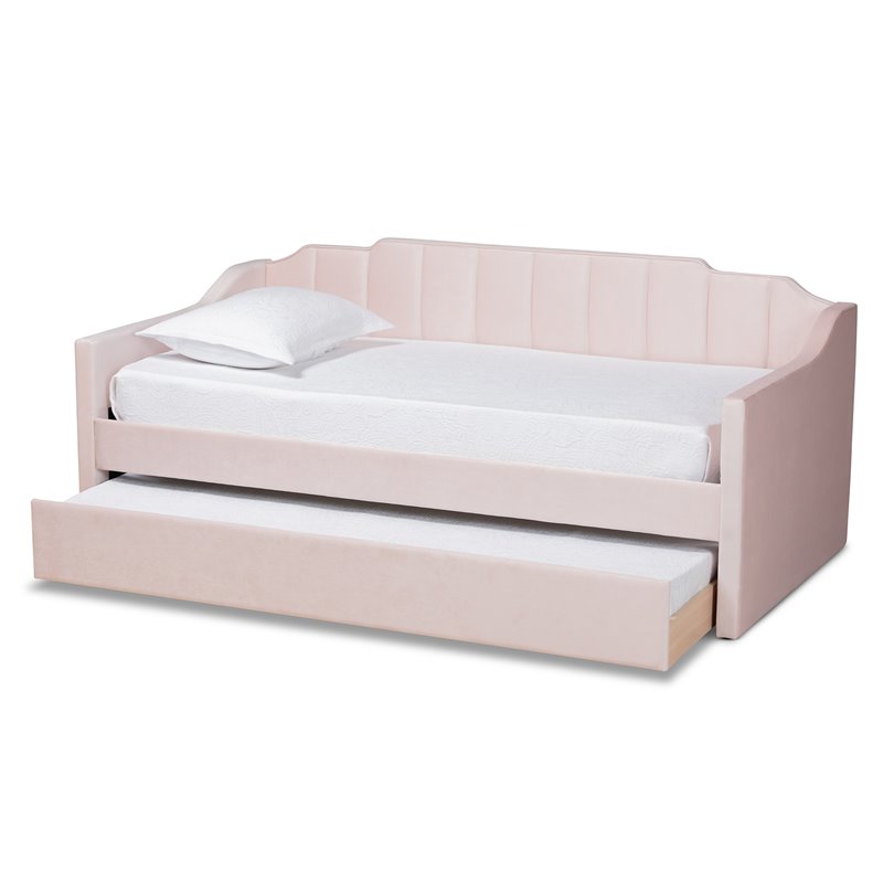 Pemberly Row Pink Velvet Twin Daybed with Trundle & Tufted Design
