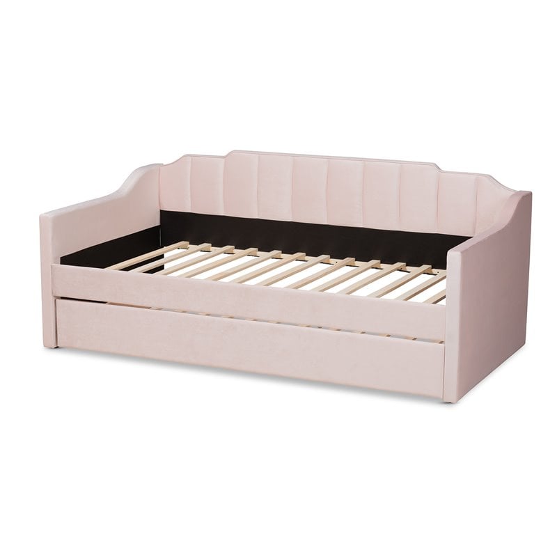 Pemberly Row Pink Velvet Twin Daybed with Trundle & Tufted Design