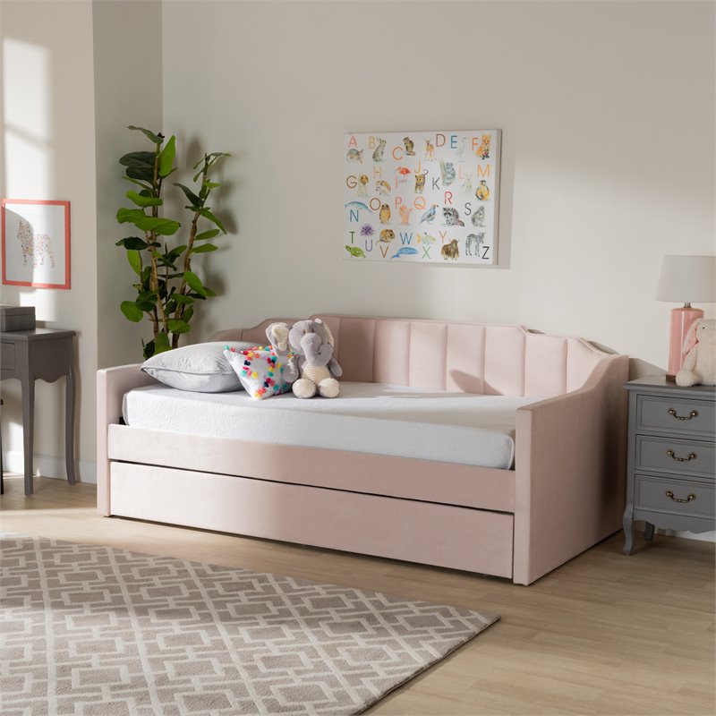 Pemberly Row Pink Velvet Twin Daybed with Trundle & Tufted Design