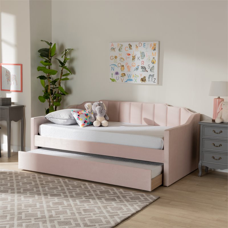 Pemberly Row Pink Velvet Twin Daybed with Trundle & Tufted Design