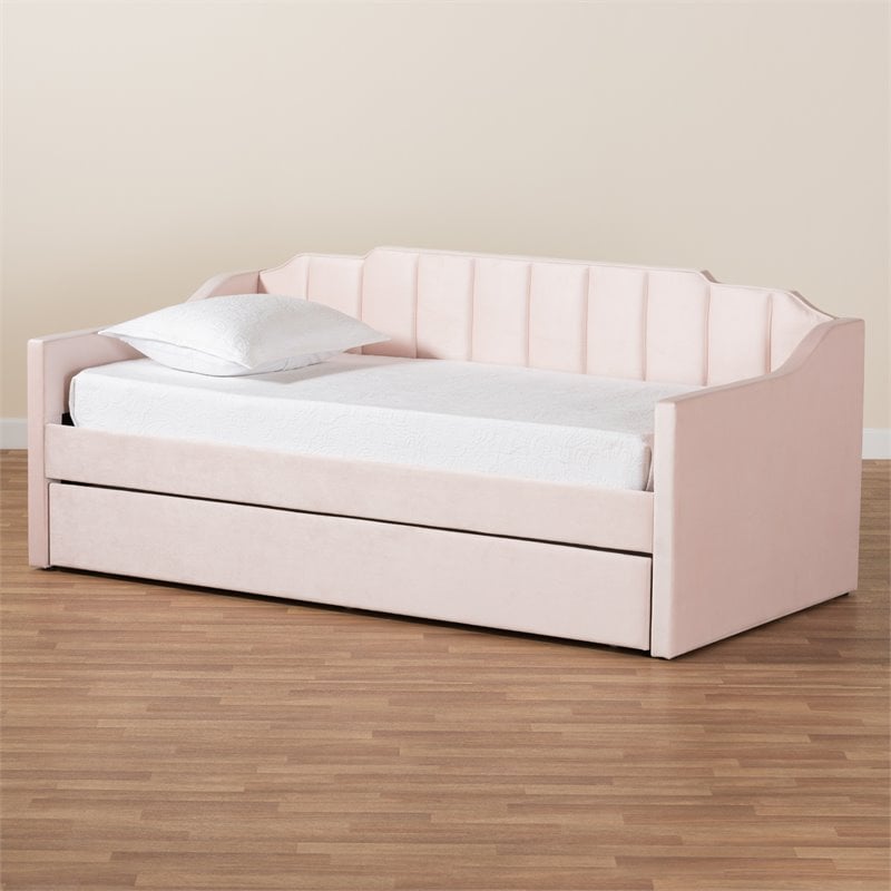 Pemberly Row Pink Velvet Twin Daybed with Trundle & Tufted Design